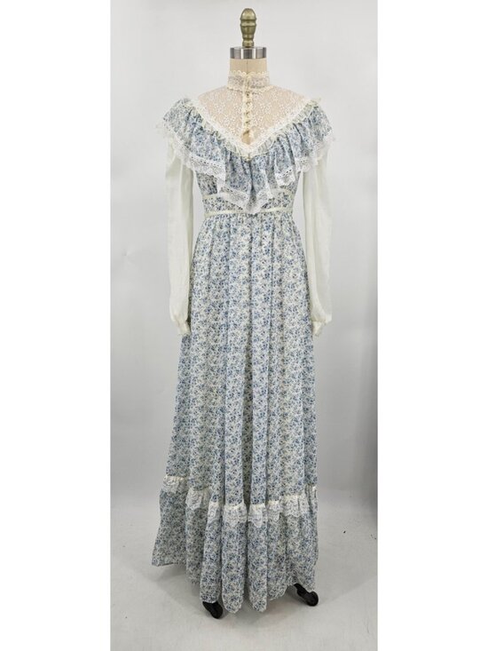 Gunne Sax Dresses & Skirts - VTG Gunne Sax Prairie Maxi Dress Womens 5 Blue Floral Cottagecore Lace Gauze